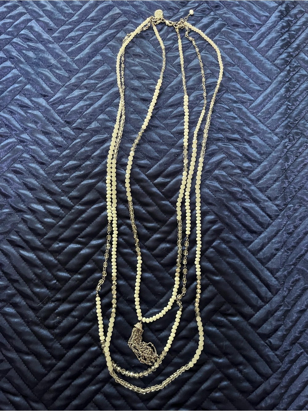 White House Black Market Layered Beaded Necklace in Gold & Cream